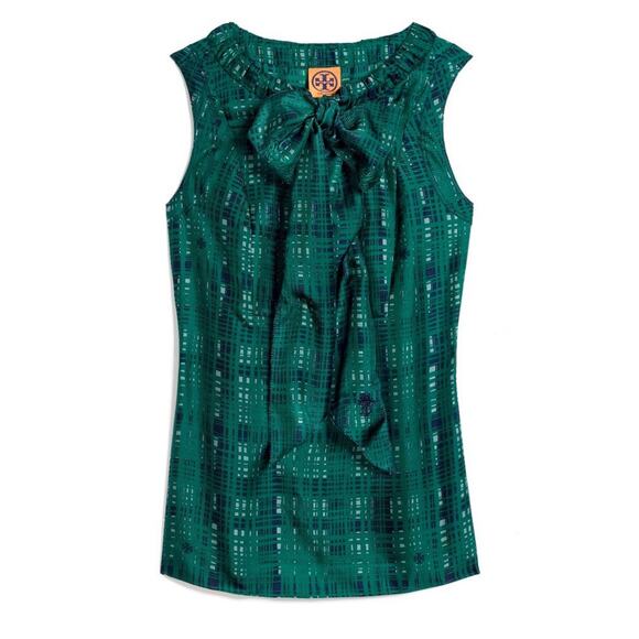 Tory Burch Silk Bow Tie Top Blouse Sleeveless Green Saffield xs 2 - Picture 1 of 12